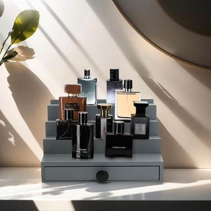Cologne Organizer for Men - 4 Tier Wooden Grey Cologne Display Stand with Drawer and Hidden Compartment, Mens Cologne Perfume Holder Shelf for Organizing and Storing