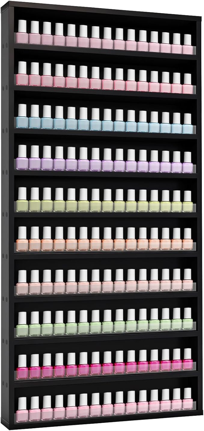 10-Tier Nail Polish Rack,Wall Mount Nail Polish Organizer w/Acrylic Baffle, 42*12 inch Salon Display Shelf for Home Spa & Nail Studio,Perfect for Lipstick,Perfume,Holds 120 Bottles(Black, L)