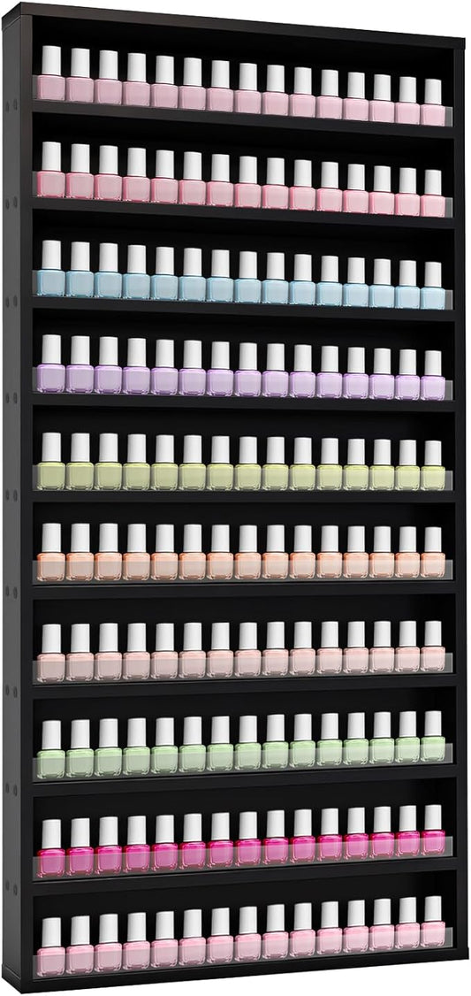 10-Tier Nail Polish Rack,Wall Mount Nail Polish Organizer w/Acrylic Baffle, 42*12 inch Salon Display Shelf for Home Spa & Nail Studio,Perfect for Lipstick,Perfume,Holds 120 Bottles(Black, L)