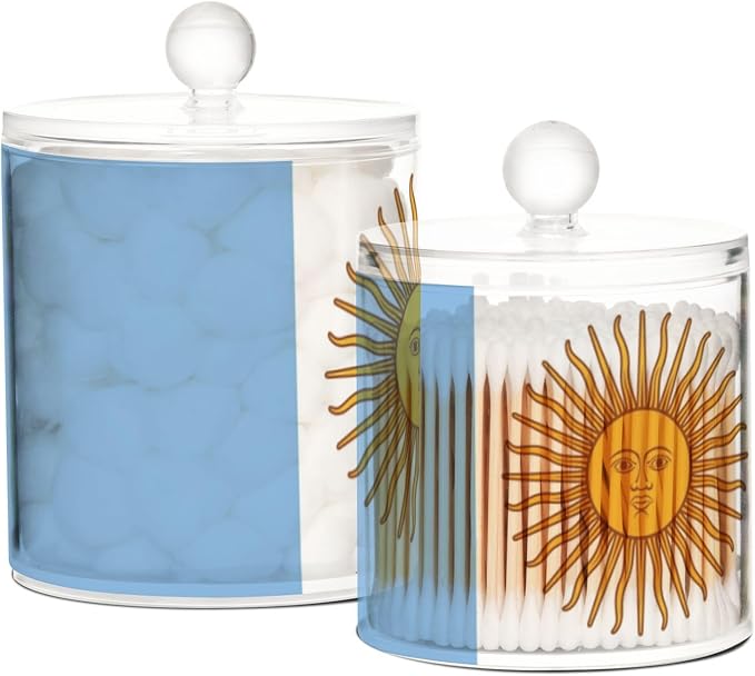 DOMIKING Argentina Flag 2 Pack Bathroom Canisters Cotton Swab Holder Dispenser Plastic Cotton Ball Jar Acrylic Storage Containers for Floss Cotton Ball Makeup Sponges