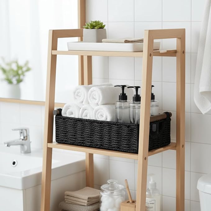 CubesLand Wicker Toilet Storage Basket Tray Organizer W/Cut Out Handle, Slim Decorative Basket for Countertop, Shelves And for Versatile Home Decor, Living Room, Nursery Organization, Black