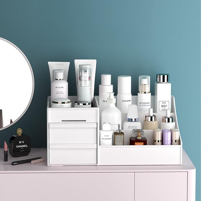 Men Cologne Organizer, Perfume Stand Tray, Countertop Organizer With Drawers for Cologne, Deodorant, Beard, Shaving Lotion, Perfume & Skincare - Perfect for Bathroom & Bedroom Storage (White)
