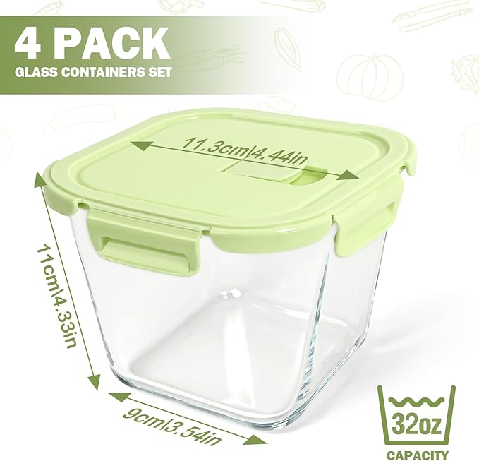 Glass Soup Containers with Lids 32oz - Borosilicate Glass Storage Containers 4 Cup, Freezer to Microwave Safe, Airtight Leak Proof, Square Soup Meal Prep Containers for Lunch Travel- 4 Pack