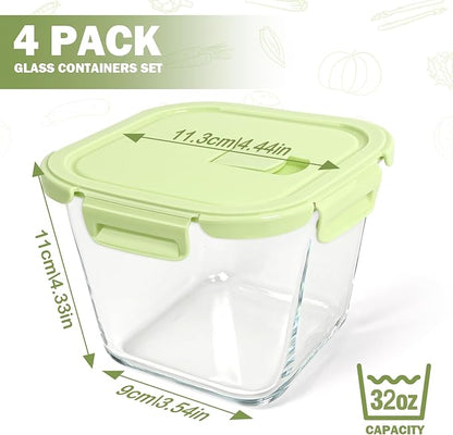 Glass Soup Containers with Lids 32oz - Borosilicate Glass Storage Containers 4 Cup, Freezer to Microwave Safe, Airtight Leak Proof, Square Soup Meal Prep Containers for Lunch Travel- 4 Pack