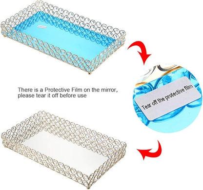 Hipiwe Crystal Cosmetic Vanity Tray, Mirrored Decorative Jewelry Organizer Tray for Perfume, Trinket, Makeup Display Dresser Home Decor (Large, Golden)