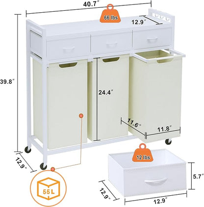 Timberer Laundry Hamper, Laundry Sorter 3 Section, Rolling Laundry Basket with Wheels, 3 Drawers, 3 × 14.5 Gal (55 L), Pull-Out and Removable Oxford Fabric Bags, White and Beige