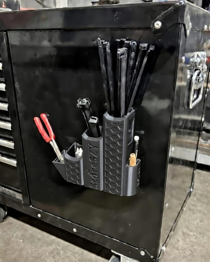 ZipStation Pro Zip Tie Organizer – 3 Tier Holder with Cutter Slot & Pen Storage – Magnetic Toolbox Organizer (Black)