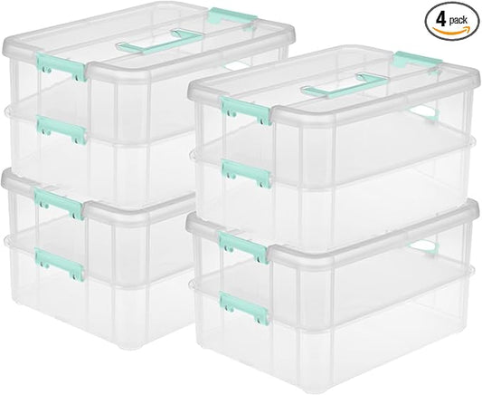 Sterilite 4-Pack Stack & Carry, 2 Layer Handle Box for Home & Office Storage - Clear Base & Lid with Color Latches, Organizer for Art & Craft Supplies, Sewing Tools or 8.5" x 11" Paper