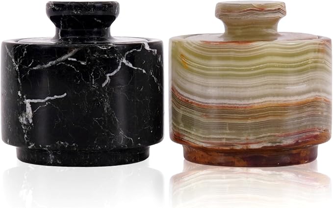 Marble Salt Cellar 3" Inch Black Zebra & Green Onyx Celtic Salt & Pepper Bowls with Lid For Spring Decorations for Home & Kitchen, Perfect Mother’s Day Gift, Sugar Dish & Coffee Storage Container