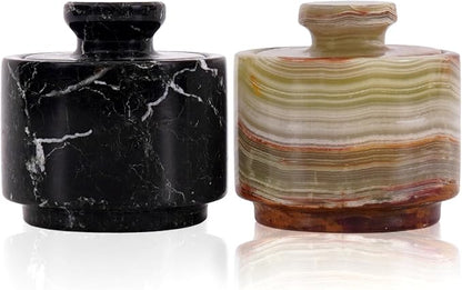 Marble Salt Cellar 3" Inch Black Zebra & Green Onyx Celtic Salt & Pepper Bowls with Lid For Spring Decorations for Home & Kitchen, Perfect Mother’s Day Gift, Sugar Dish & Coffee Storage Container