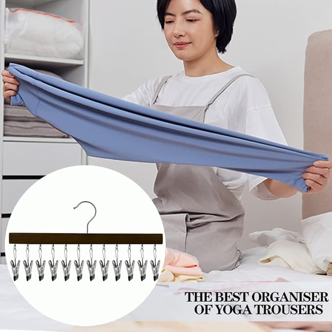 2 Pack Legging Organizer for Closet with 24 Rubber Coated Clips, Hanging Wooden Plants Organizer Hangers 360°Roatable Hook Space Saving for Jeans/Yoga Pants/Shorts/Skirts (Black)