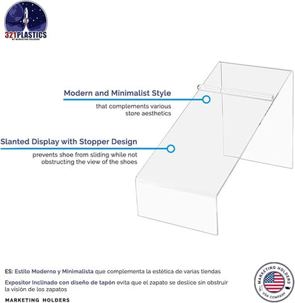 6 Pack Acrylic Shoe Display Stand Clear Premium Lucite 4 Inch Wide x 5 Inch High Slanted Footwear Showcase Riser with Heel Stop for Retail Shops and Clothing Stores by Marketing Holders