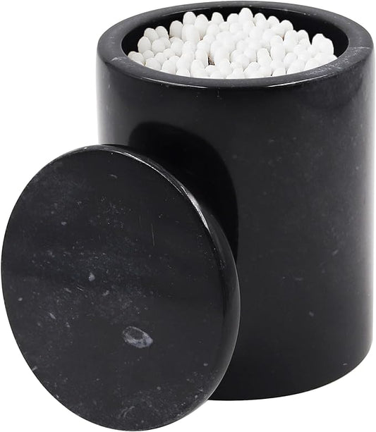Black Marble Qtip Holder for Bathroom 4" Canister with Lid for Cotton Swabs, Balls, Pads, Floss Picks, Bath Salts - Vanity Makeup Storage Organizer Bathroom Essentials Accessories Decor