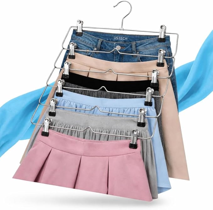USTECH 6 Tier Skirt Hangers with Clips | Space Saver Closet Organizer | Rust-Free Stainless Steel Pant Hangers for Pants, Shorts, Skirts | Multi Hangars Space Saving | 5 Pack