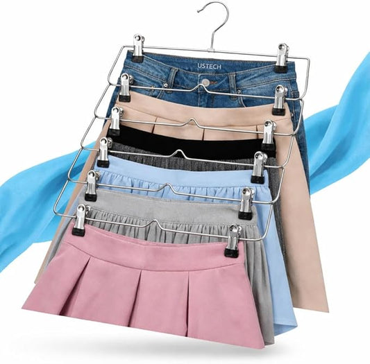 USTECH 6 Tier Skirt Hangers with Clips | Space Saver Closet Organizer | Rust-Free Stainless Steel Pant Hangers for Pants, Shorts, Skirts | Multi Hangars Space Saving | 5 Pack