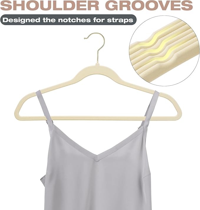 50 Pack Beige Velvet Hangers,Non Slip,Heavy-Duty,Slim,Space Saving,with Felt Surface and Gold 360°Swivel Hook,for Pants,Outfit,Skirts,Suits,Coats,Dresses ect.