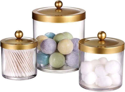 SheeChung 3-Pack Plastic Apothecary Jars with Gold Metal Lids - Large 50oz, 25oz & 15oz Clear Acrylic Storage Set - Shatterproof Modern Luxury Vanity & Home Organizer - Glam Decor