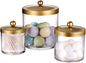 SheeChung 3-Pack Plastic Apothecary Jars with Gold Metal Lids - Large 50oz, 25oz & 15oz Clear Acrylic Storage Set - Shatterproof Modern Luxury Vanity & Home Organizer - Glam Decor