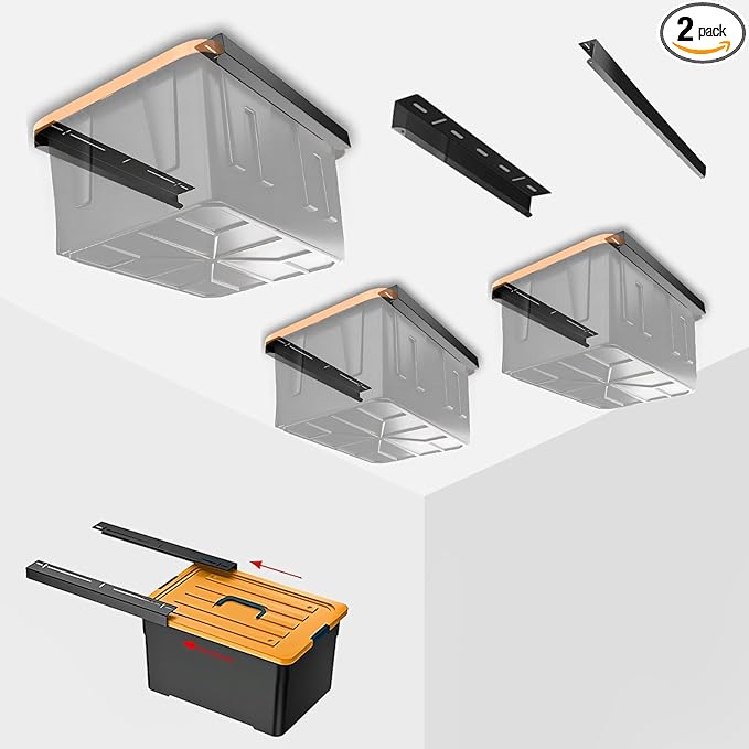 Overhead Garage Storage Rack, Adjustable Ceiling Mounted Garage Organizer, Heavy Duty Metal Overhead Shelf support up to 2 Bin,Space Saver Storage System for Home, Basement – Black
