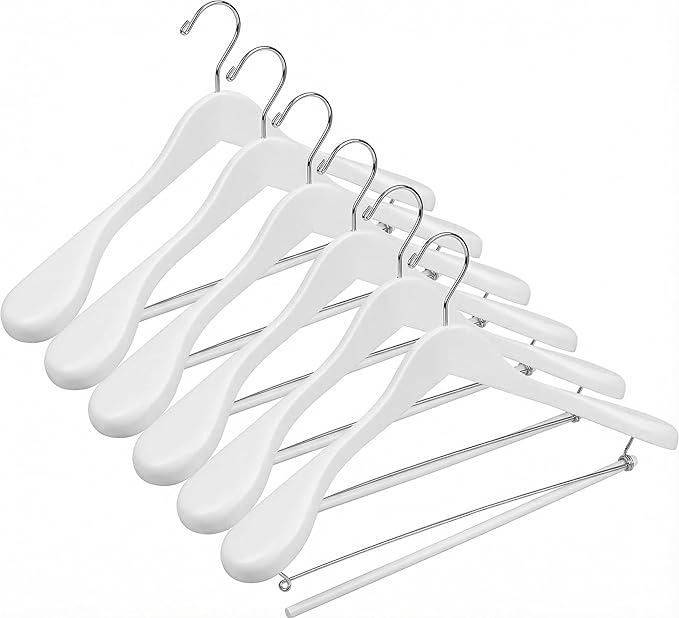 DEILSY™ White Suit Hangers for Men with Non-Slip Pants Bar & 360° Swivel Hook - Smooth Finish Wooden Coat Hangers, Heavy Duty Wooden Hanger – Pack of 6