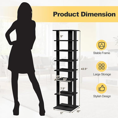 BETTARY 8 Tier Vertical Shoe Rack, Narrow Wooden Corner Shoe Organizer for Small Spaces, Removable Shelves, Anti-toppling Device, Shoe Tower for Entryway, Closet, Bedroom (Black, Single Row)