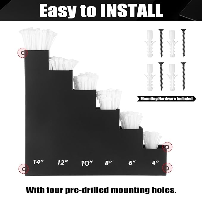 Cable Zip Tie Storage Holder Rack Metal Zip Tie Organizer Wall Mount Pockets with Screws for Workshop Shed Garage Home Ties, Ties and Tools Not Include(Black,14 x 13 Inch,6 Pockets)