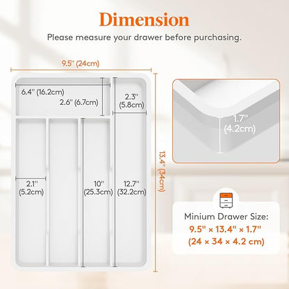 Lifewit Silverware Drawer Organizer Tray, Plastic Cutlery Storage for Kitchen, Flatware and Utensil Holder Divider for Spoons Forks Knives Tableware, 9.5 x 13.4", 5 Slots, White
