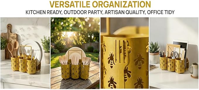NelyBet Bee Utensil Caddy Silverware Holder Fork Spoon Napkin Paper Plate Organizer Metal Utensil Holder Cutlery Flatware Organizers for Party Kitchen Countertop Camping Picnic - Gold