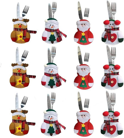 12Pcs Christmas Cutlery Bag Cute Snowman Silverware Tableware Holder Knife Fork Bag Pouch Decor for Christmas Party Dinner Table Decor