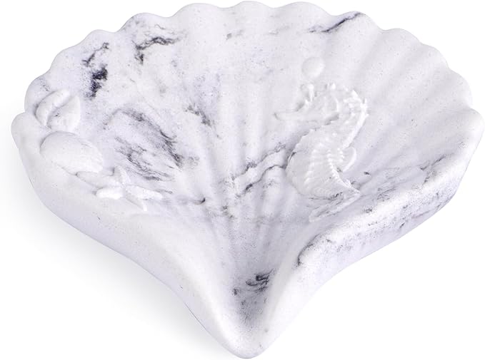 ZAWUU Resin Draining Seashell Soap Dish with Embossed Design – Bar Soap Holder for Bathroom & Kitchen, Multiuse Jewelry Tray (White Marble, Seahorse)
