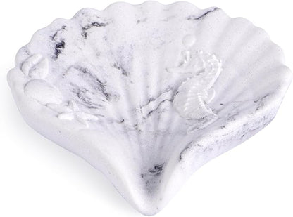 ZAWUU Resin Draining Seashell Soap Dish with Embossed Design – Bar Soap Holder for Bathroom & Kitchen, Multiuse Jewelry Tray (White Marble, Seahorse)