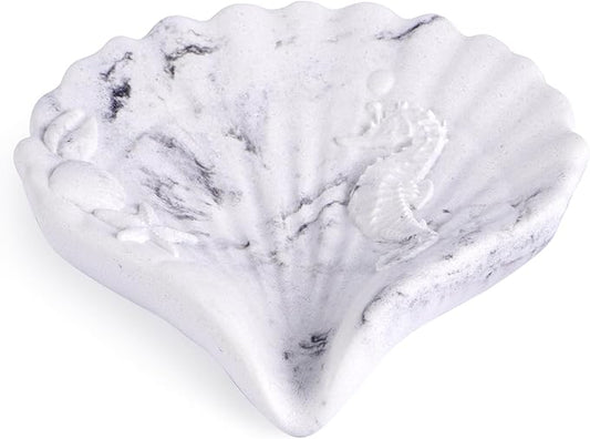 ZAWUU Resin Draining Seashell Soap Dish with Embossed Design – Bar Soap Holder for Bathroom & Kitchen, Multiuse Jewelry Tray (White Marble, Seahorse)