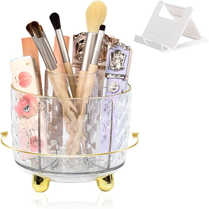 SAYEEC Pen Holder for Desk 6 Slots Rotating Makeup Brush Organizer Toothbrush Holder Versatile Desk Skin Care Cosmetic Organizer Pencil Cup Pot Art Supply Caddy for Office Vanity Bathroom (Clear Gold)