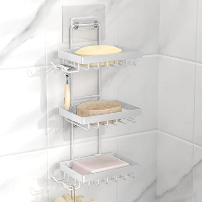 Moforoco 3-Tier White Soap Bar Holder for Shower, No Drilling, 304 Stainless Steel, Wall Mounted Soap Holder with 4 Hooks and Razor Holder, Shower Rack Soap Tray Bar Soap for Bathroom Accessories