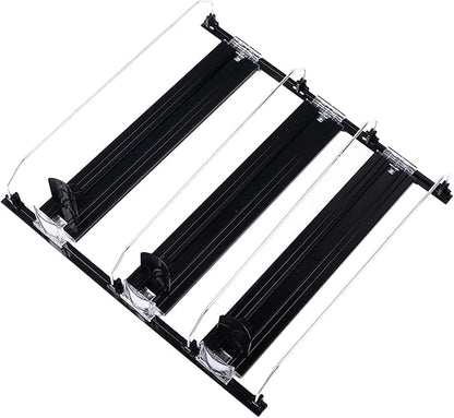 Adjustable Refrigerator Drink Organizer, Self Sliding Drink Can Dispenser, Solution for Garage Cooler (Black)