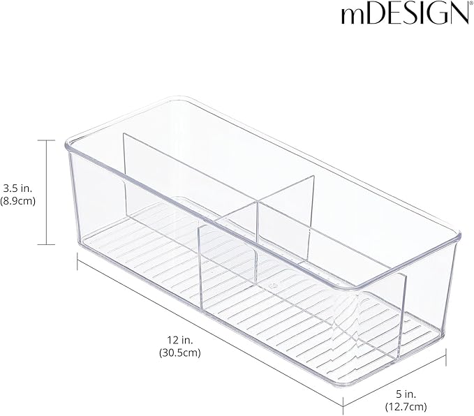 mDesign Plastic Kitchen Cabinet Storage Organizer Bin Box - 4 Divided Sections for Pantry Shelves, Countertops, Island, or Cupboard - Holds Snacks, Tea Bags, Spices, Sauces, Ligne Collection, Clear