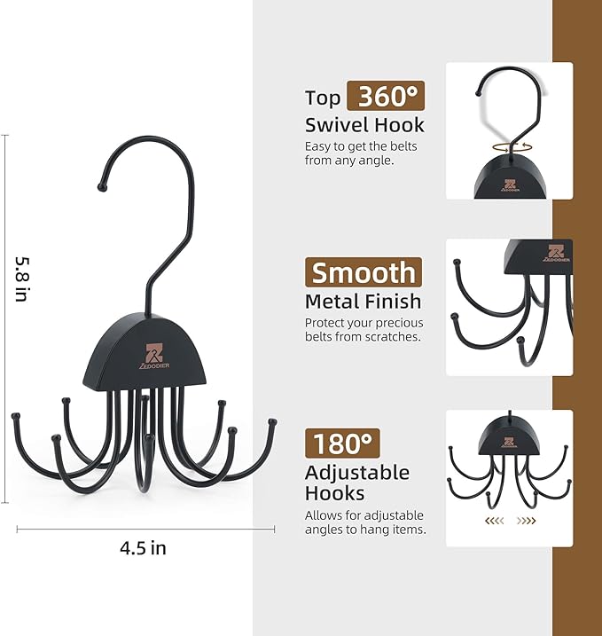 ZEDODIER 2 Pack Belt Hanger Rotatable Belt Organizer, Space Saving Belt Rack with 16 Adjustable Hooks for Closet Organizers and Storage, Sturdy Belt Holder Storage, Black