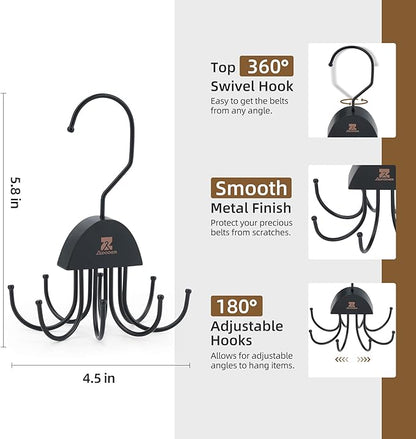 ZEDODIER 2 Pack Belt Hanger Rotatable Belt Organizer, Space Saving Belt Rack with 16 Adjustable Hooks for Closet Organizers and Storage, Sturdy Belt Holder Storage, Black