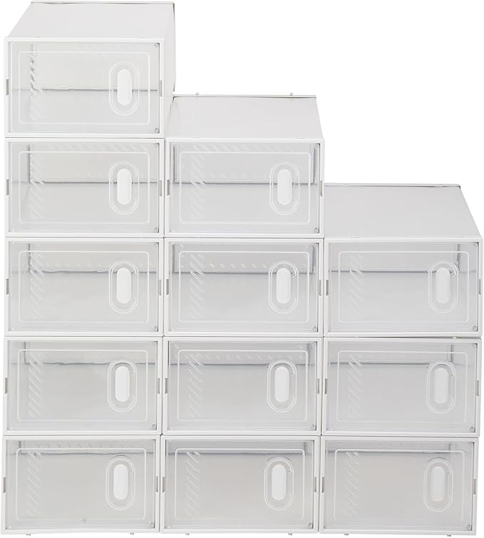12 Pack Large Shoe Storage Boxes Organizers Clear Plastic Stackable, Modular Space Saving Shoe Boxes Sneaker Storage for Sneakerheads,Toy Storage Organizer Bins for Entryway, Closet, Under Bed, White