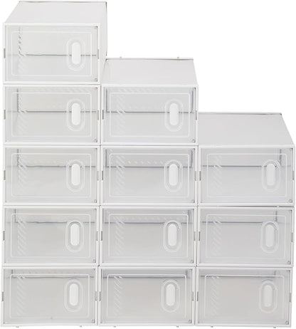 12 Pack Large Shoe Storage Boxes Organizers Clear Plastic Stackable, Modular Space Saving Shoe Boxes Sneaker Storage for Sneakerheads,Toy Storage Organizer Bins for Entryway, Closet, Under Bed, White