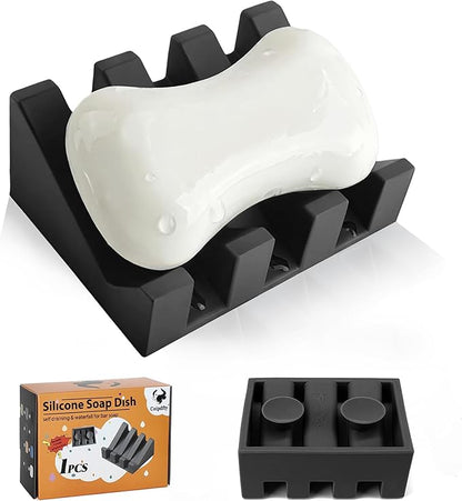 Soap Dish Holder for Shower with Suction Cup, Silicone Soap Holder & Saver Self-Draining Bar Soap Dish Keeps Soap Dry for Bathroom, Kitchen, Bathtub, Extends Soap Life (Black-1Pack)