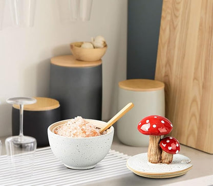 dgudgu Mushroom Salt Cellar With Lid Ceramic Salt Box White Salt Bowl Salt Container With Lid Salt Pig With Bamboo Spoon Salt Holder Salt Well Salt Keeper
