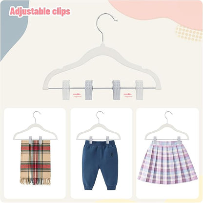 ManGotree 11.8'' Baby Velvet Hangers with Movable Clips, Non-Slip Kids Felt Hangers, Ultra-Thin Space-Saving Children's Clothes Hangers for Skirts, Pants, Dresses, Shirts, Jackets (28 Pack, White)