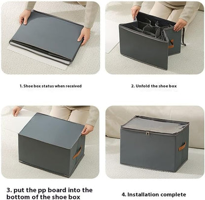 Fabric Shoe Organizer Storage Box,With Adjustable Dividers For Shoe Box,12 Separate Compartments For Boots Heels Sneakers (Black,Set1)