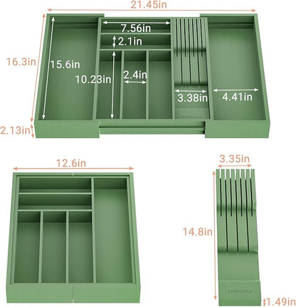 TIOPGHAD Bamboo-Silverware-Drawer-Organizer-Kitchen, Expandable Utensil Holder Cutlery Tray Flatware Organization Adjustable Wood Tableware Dividers Storage (with Removable Knife Block)(Grayish Green)