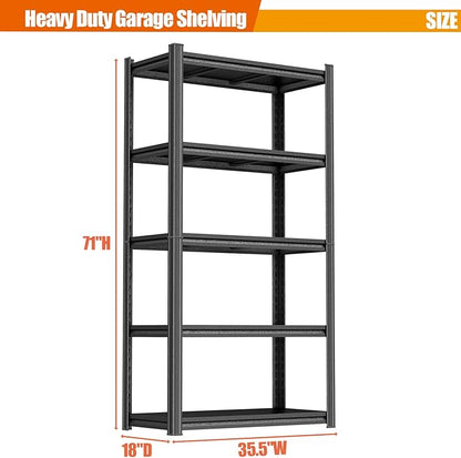 Heavy Duty Metal Garage Shelving Unit, 5-Tier Adjustable Storage Shelves, 3000LBS for Garage & Basement, Kitchen and Pantry Industrial Steel Rack, Ideal for Tool Organization & Storage, Black, 71"H