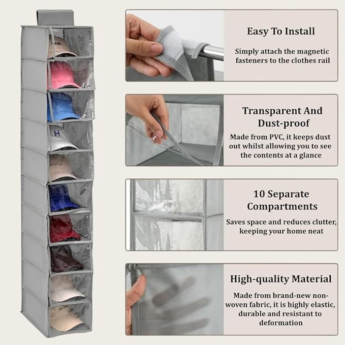 Hat Organizer, 10 Shelf Hanging Organizer for Baseball Caps, Collapsible Hat Rack Storage with Dust Cover, Space-Saving Hat Holder Display for Closet, Dorm, Bedroom, Apartment (Gray)