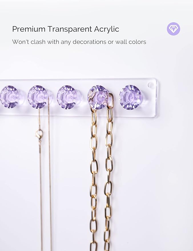 Acrylic Necklaces Holder Wall Mounted Necklace Hangers Hanging Jewelry Organizer with 12 Hooks, Clear Jewelry Hangers for Necklace Organizer for Girls Women, Necklace Hooks for Wall (Purple, 2 Pack)