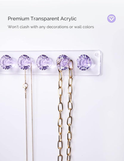 Acrylic Necklaces Holder Wall Mounted Necklace Hangers Hanging Jewelry Organizer with 12 Hooks, Clear Jewelry Hangers for Necklace Organizer for Girls Women, Necklace Hooks for Wall (Purple, 2 Pack)