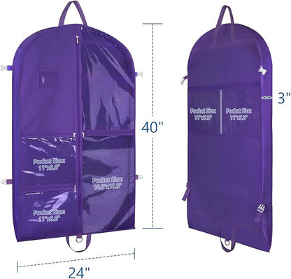 Zilink Clear Dance Costume Garment Bag for Dancers 40" Garment Bag for Dance Competitions with 5 Clear Zipper Pockets for Dance Costumes Closet Storage, Purple